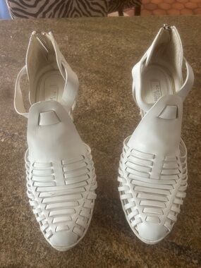 BCBG White Woven Leather Ankle-Strap Sandals